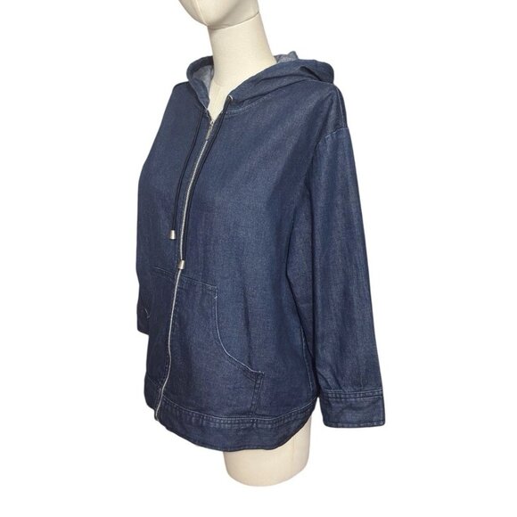 GAP Stretch Blue Denim Full Zip 3/4-Sleeve Hooded Jacket w/Pockets Women's Sz XL - Picture 2 of 7